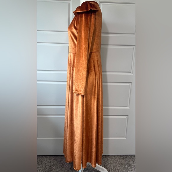 Velvet Copper Renaissance Castlecore‎ Maxi Dress Long Sleeve Ruffle Shoulder SM - Picture 4 of 7